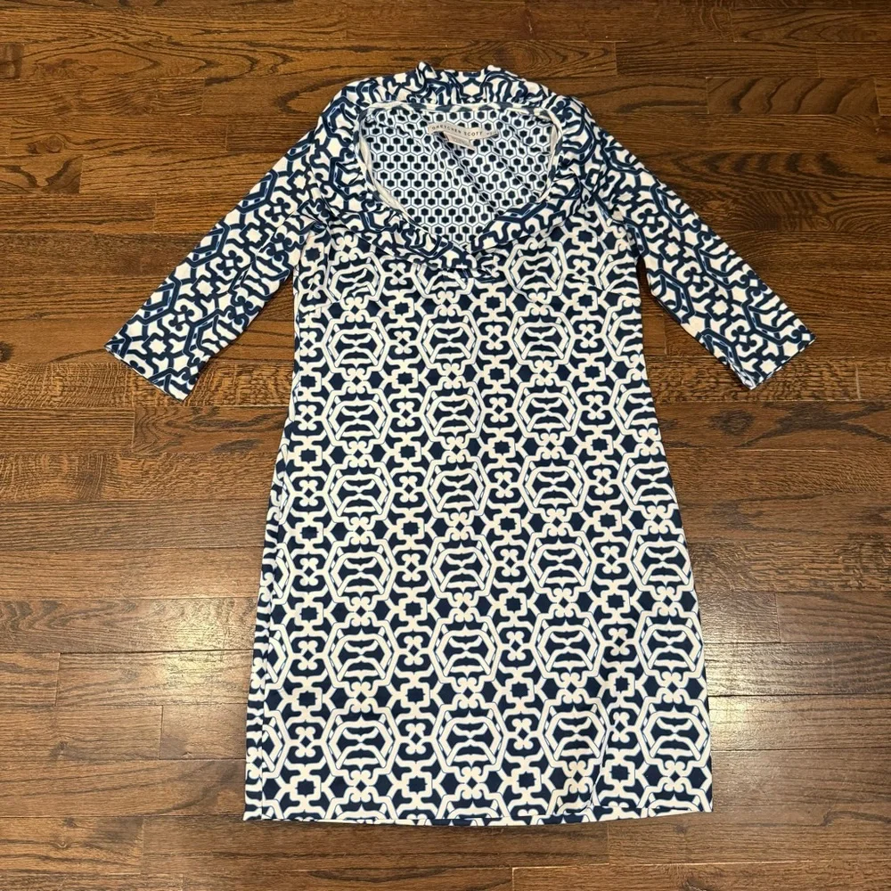 Gretchen Scott, Preppy Ruffle Neck Navy & White Geometric Shift Dress, Size S - Picture 8 of 14
